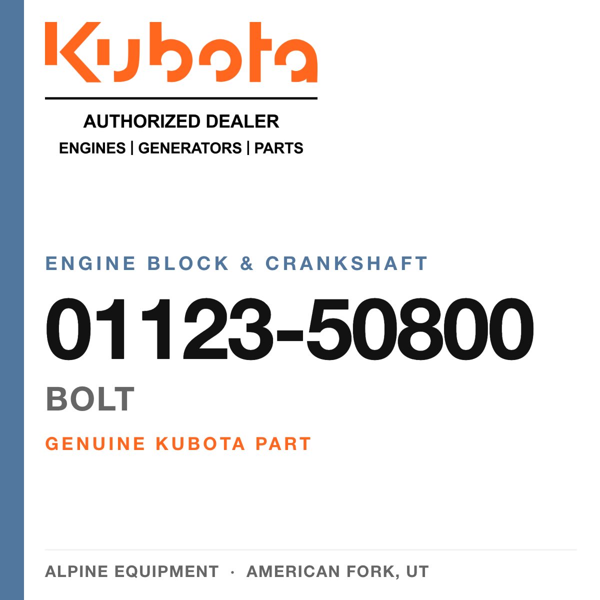 Genuine Kubota bolt, part number 01123-50800 — Alpine Equipment