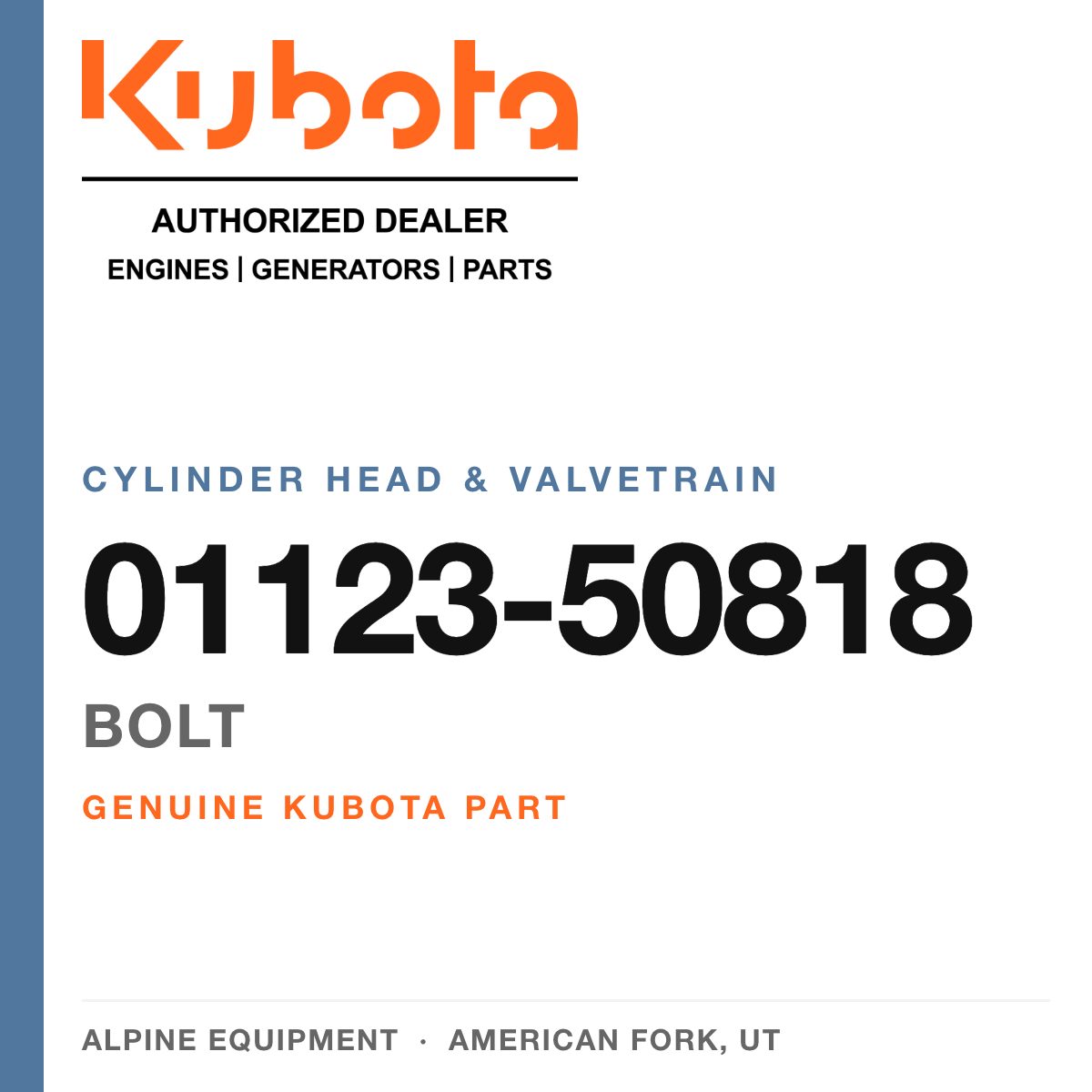 Genuine Kubota bolt, part number 01123-50818 — Alpine Equipment