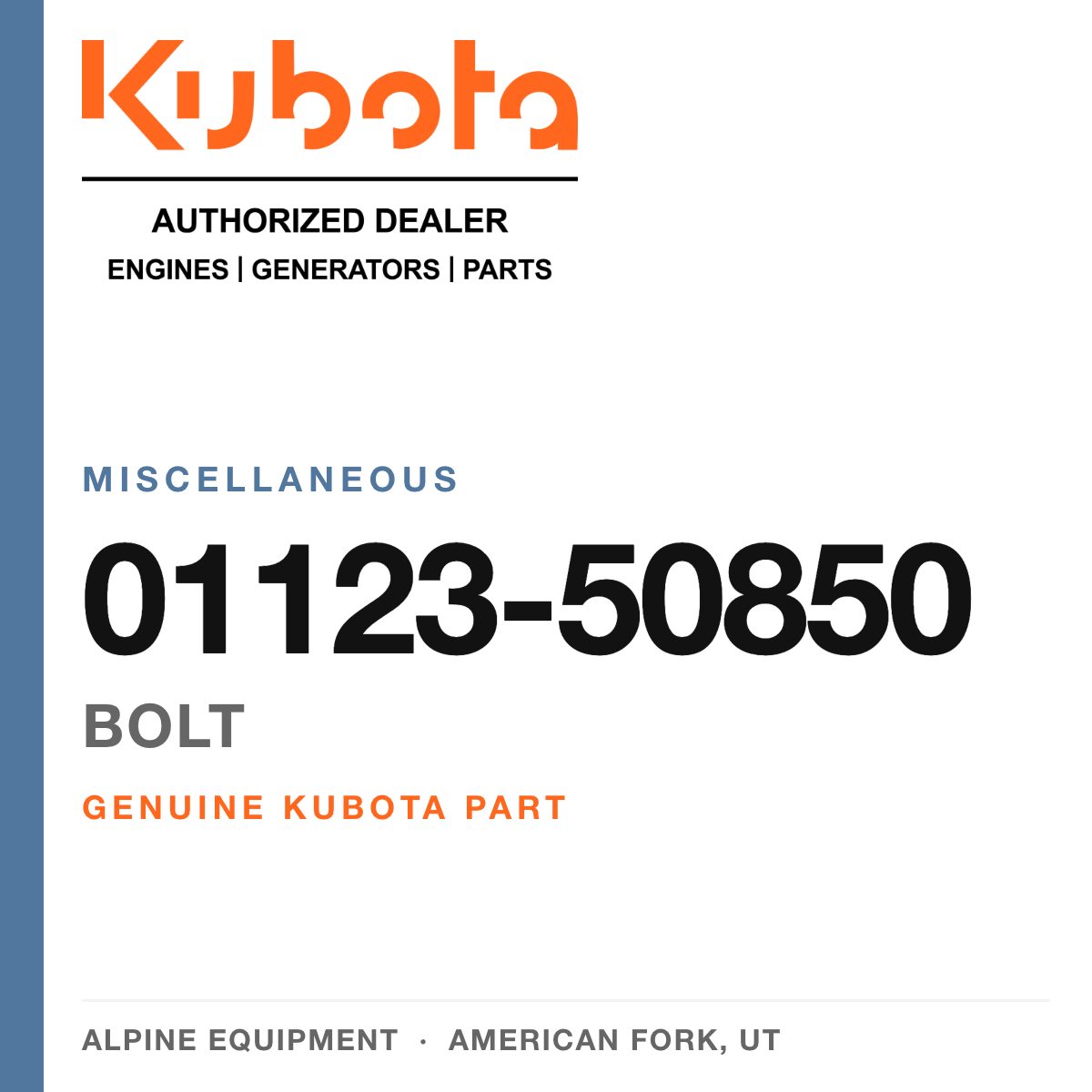 Genuine Kubota bolt, part number 01123-50850 — Alpine Equipment