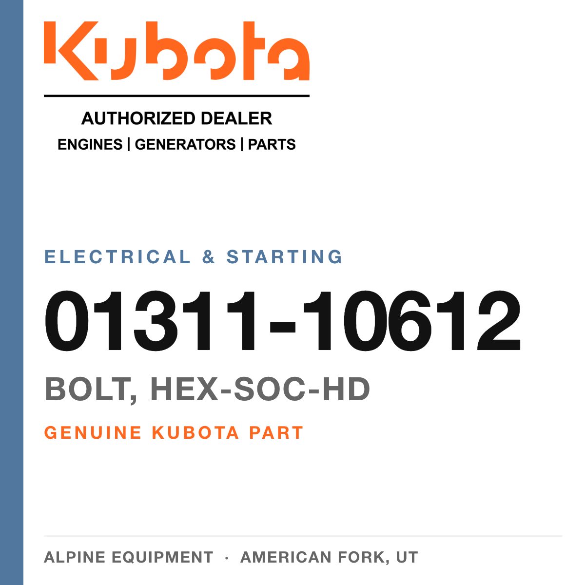 Genuine Kubota bolt, hex-soc-hd, part number 01311-10612 — Alpine Equipment