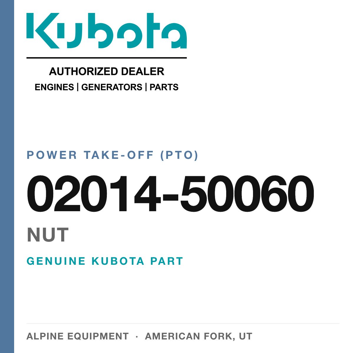 Genuine Kubota nut, part number 02014-50060 — Alpine Equipment