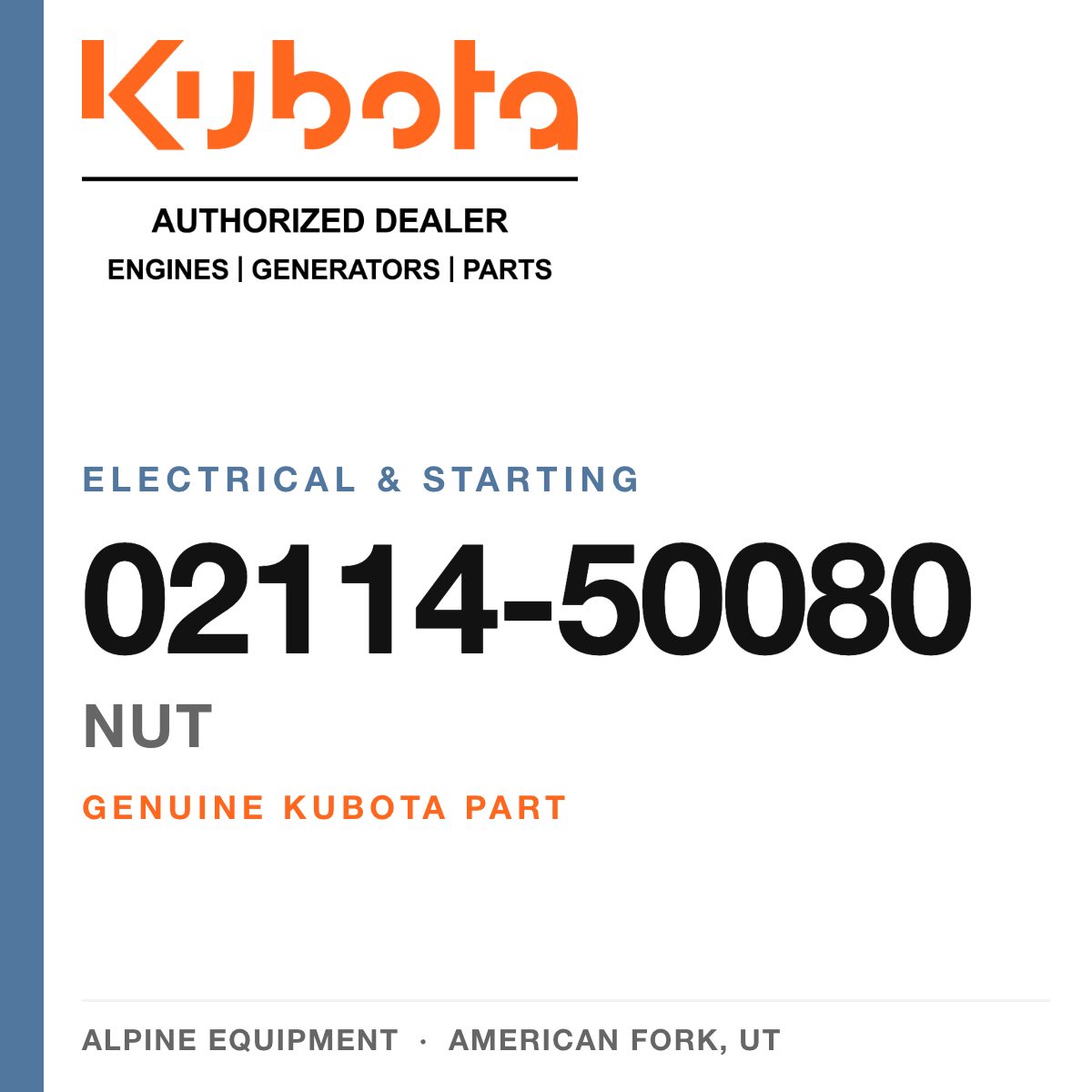 Genuine Kubota nut, part number 02114-50080 — Alpine Equipment