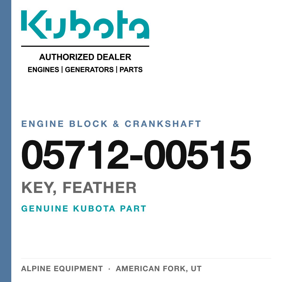Genuine Kubota key, feather, part number 05712-00515 — Alpine Equipment