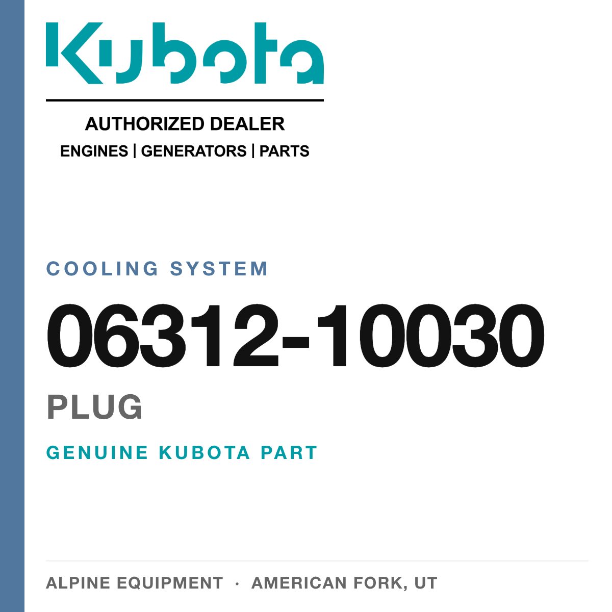 Genuine Kubota plug, part number 06312-10030 — Alpine Equipment
