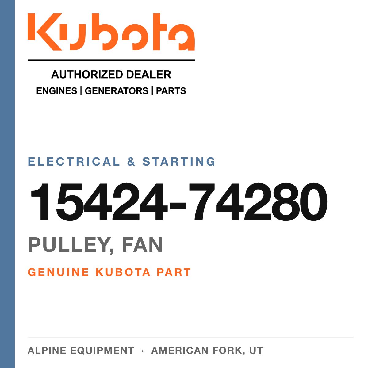 Genuine Kubota pulley, fan, part number 15424-74280 — Alpine Equipment