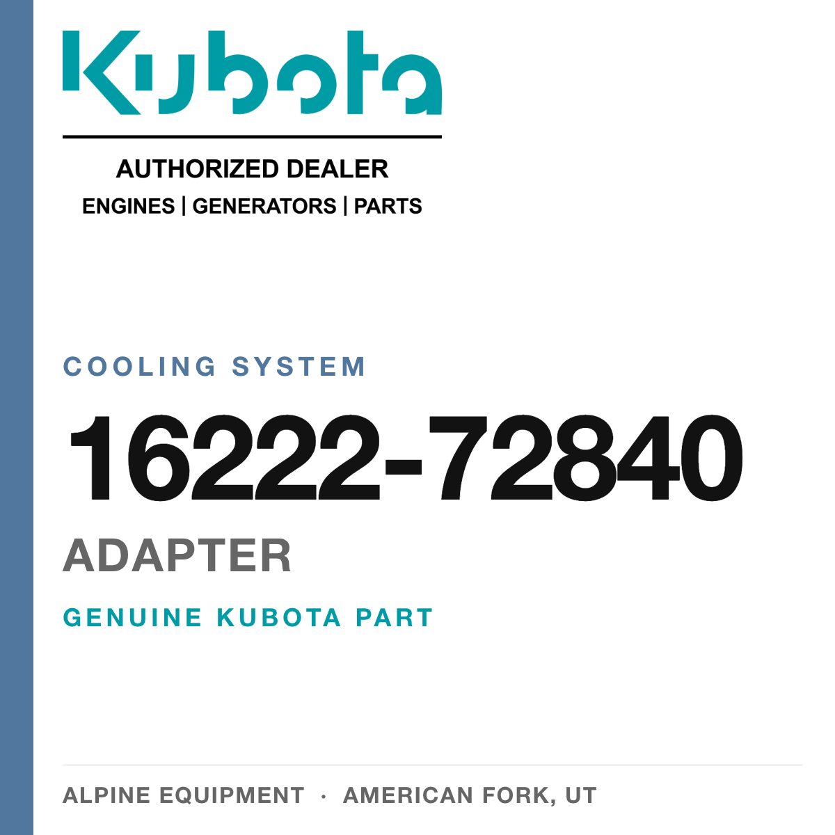 Genuine Kubota adapter, part number 16222-72840 — Alpine Equipment