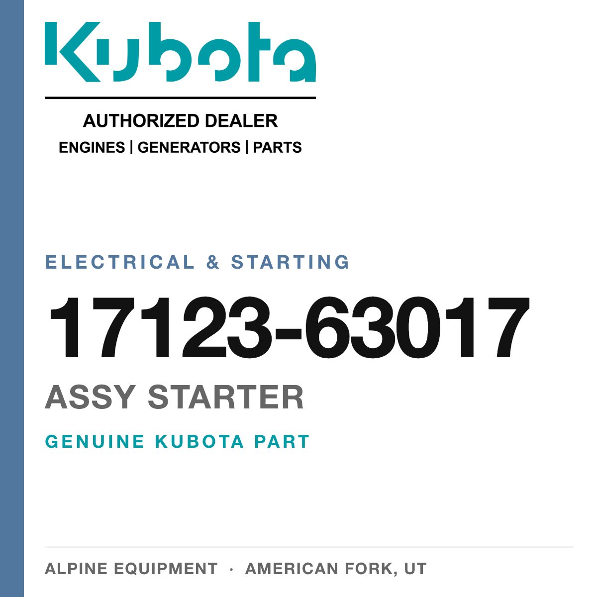 Genuine Kubota assy starter, part number 17123-63017 — Alpine Equipment