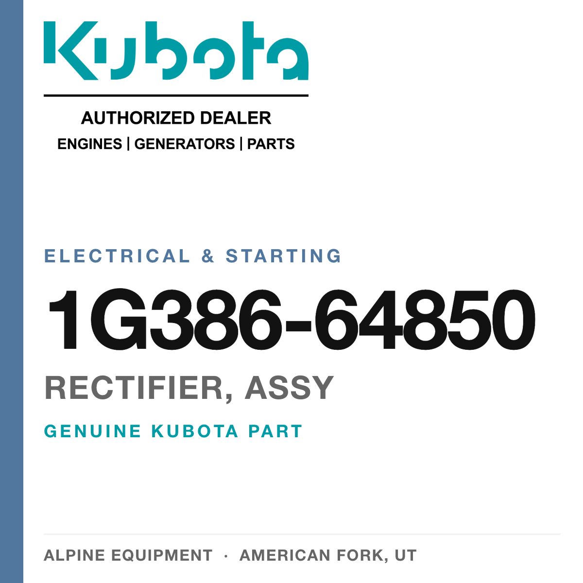 Genuine Kubota rectifier, assy, part number 1G386-64850 — Alpine Equipment