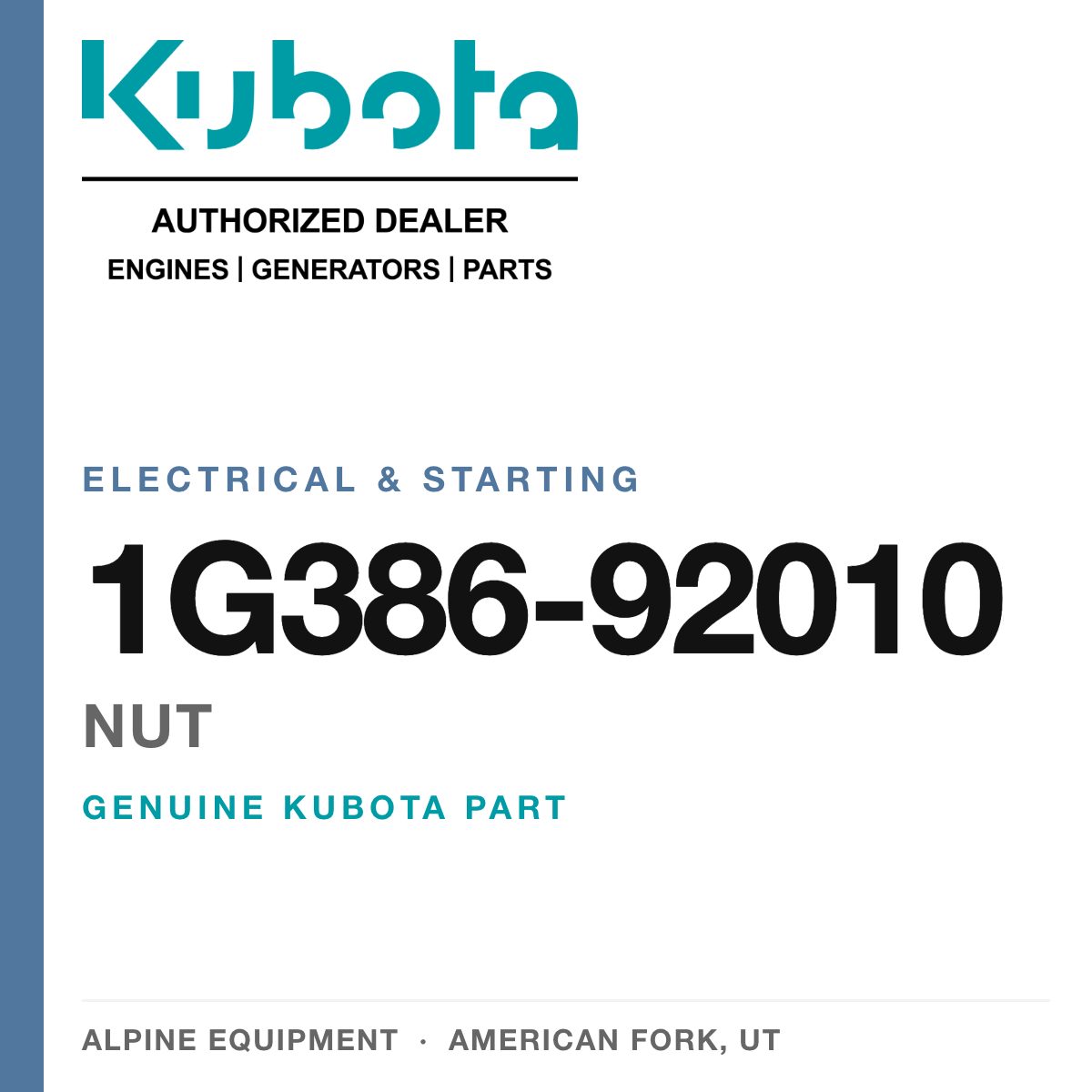 Genuine Kubota nut, part number 1G386-92010 — Alpine Equipment