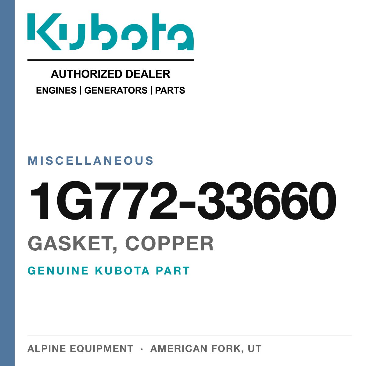 Genuine Kubota gasket, copper, part number 1G772-33660 — Alpine Equipment