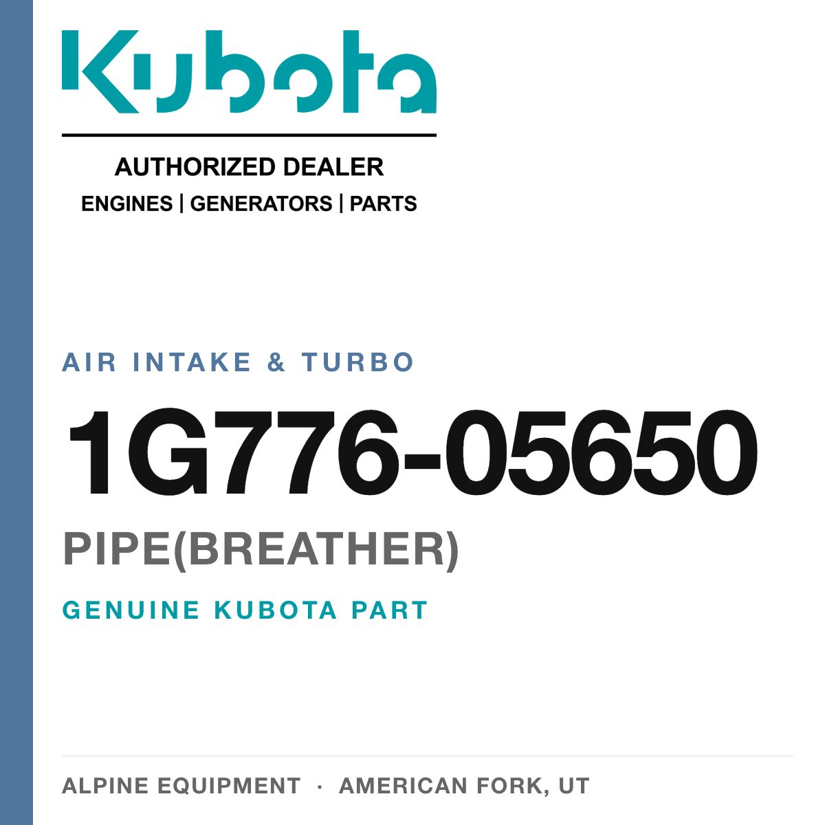 Genuine Kubota pipe(breather), part number 1G776-05650 — Alpine Equipment