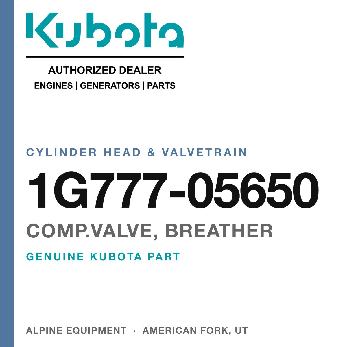 Genuine Kubota comp.valve, breather, part number 1G777-05650 — Alpine Equipment