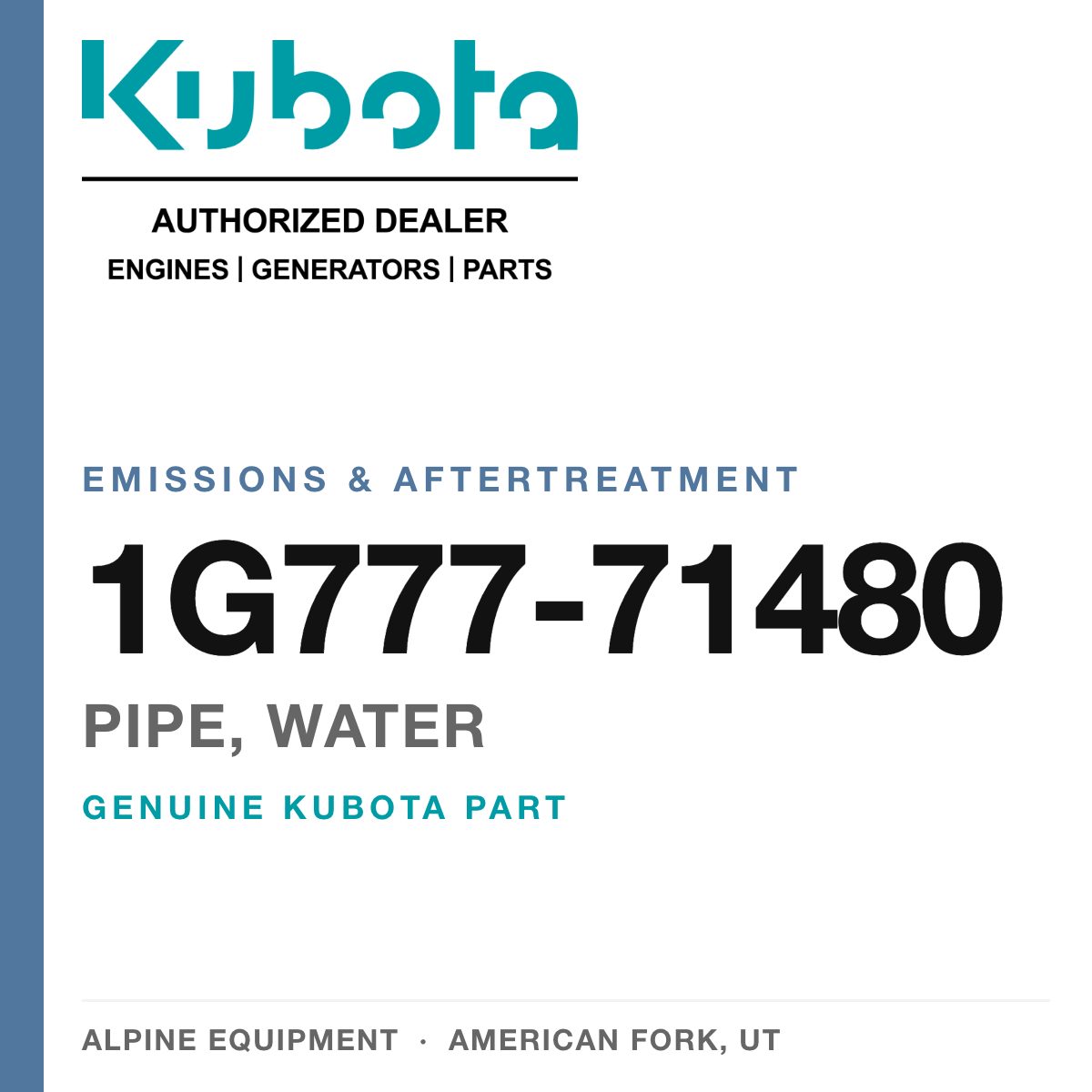 Genuine Kubota pipe, water, part number 1G777-71480 — Alpine Equipment