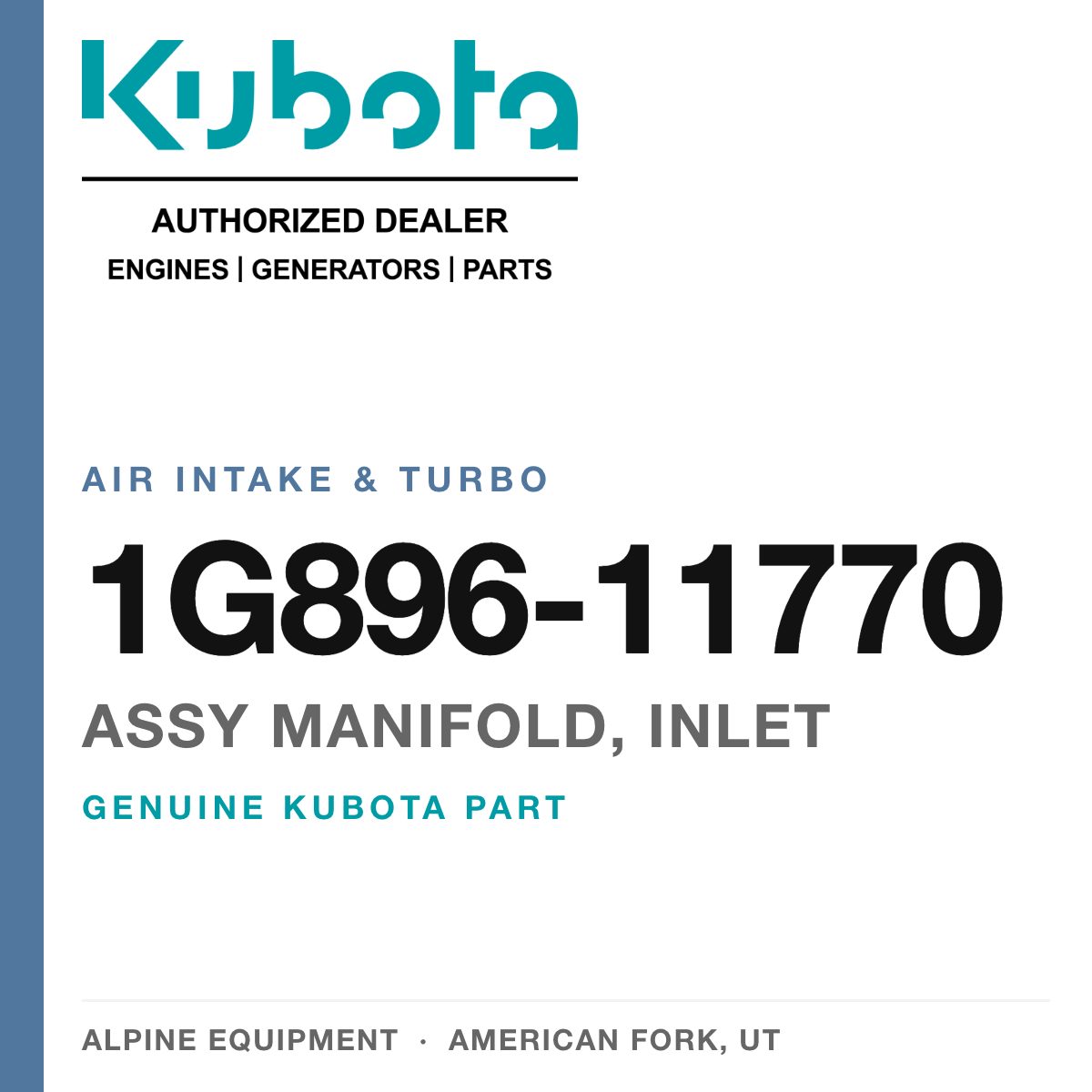 Genuine Kubota assy manifold, inlet, part number 1G896-11770 — Alpine Equipment