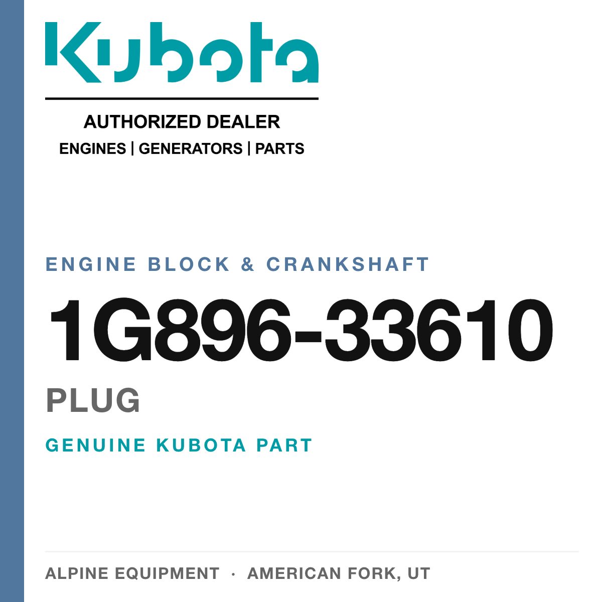 Genuine Kubota plug, part number 1G896-33610 — Alpine Equipment