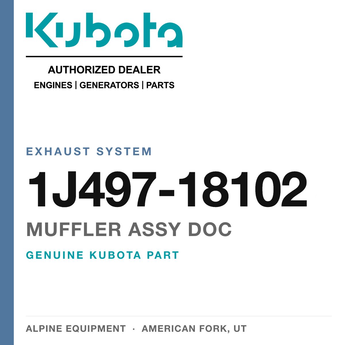 Genuine Kubota muffler assy doc, part number 1J497-18102 — Alpine Equipment