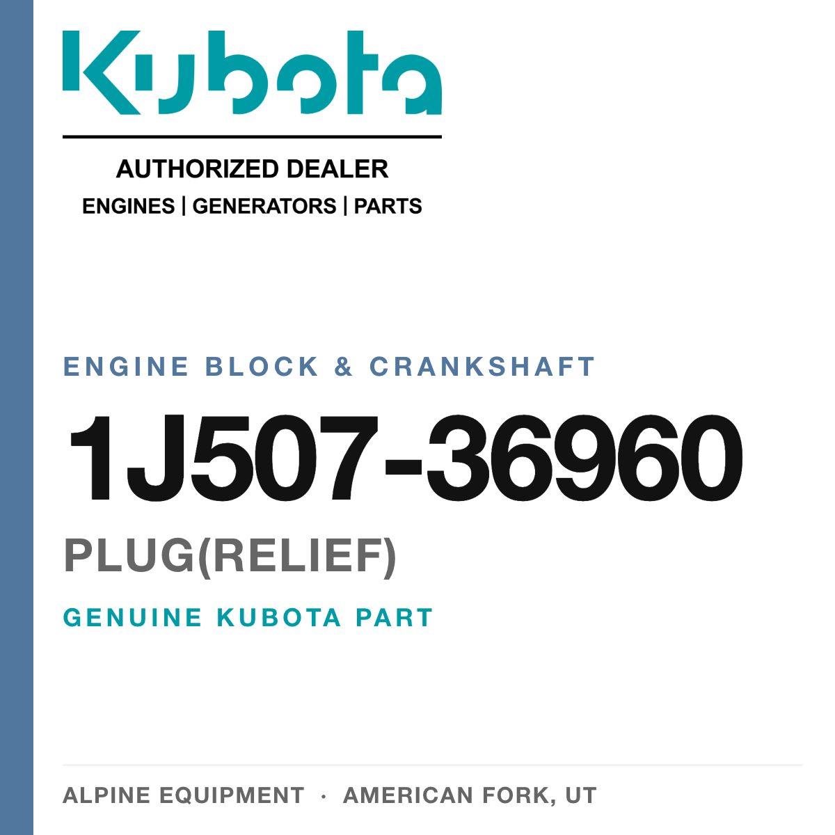 Genuine Kubota plug(relief), part number 1J507-36960 — Alpine Equipment