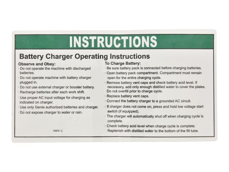 70040474 | Battery Charger Operating Instructions decal for various Genie® Machines