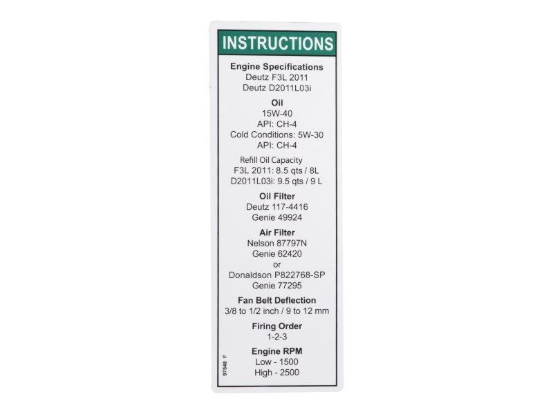 70041498 | DECAL,ENGINE SPEC,DEUTZ 2011