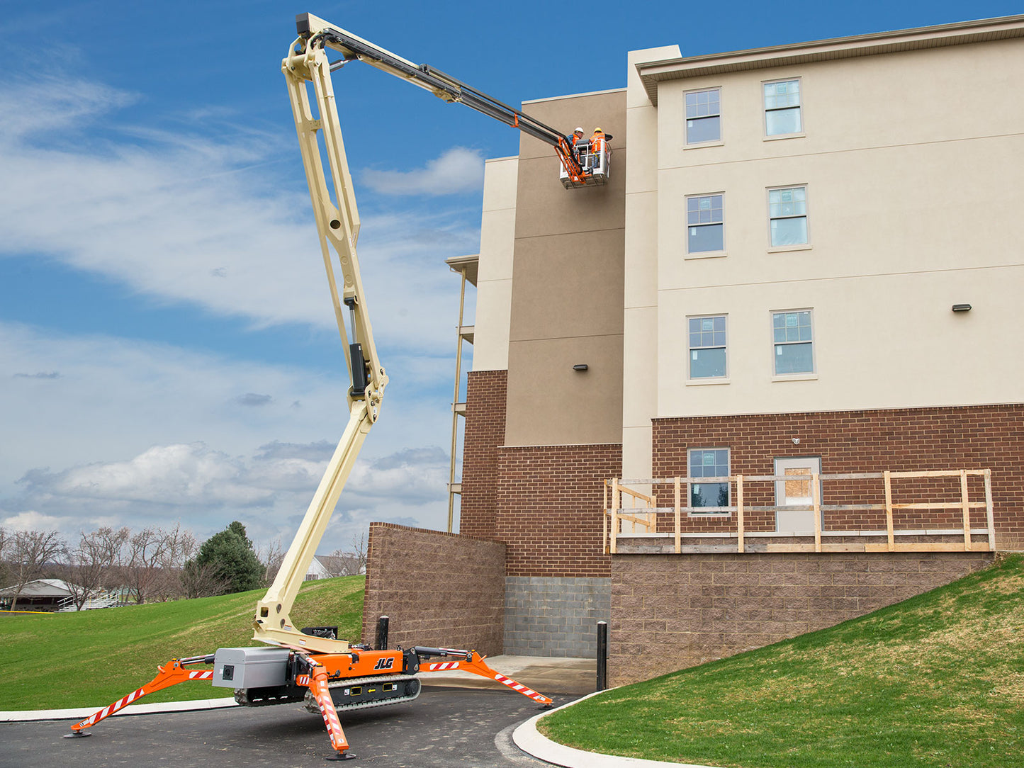 Heavy equipment machine, the 75' Atrium Crawler Boom Lift or Spider Lift, for elevated crane work.