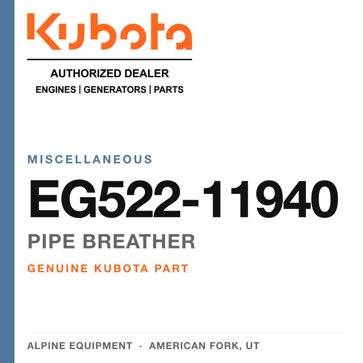 Genuine Kubota pipe breather, part number EG522-11940 — Alpine Equipment