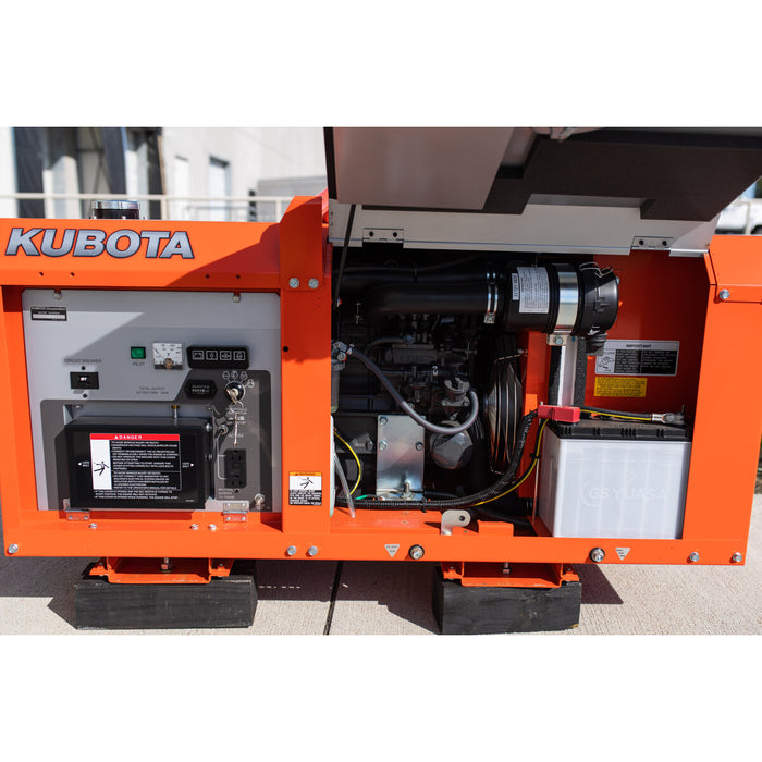 Kubota GL11000 generator with service doors open, showing the engine