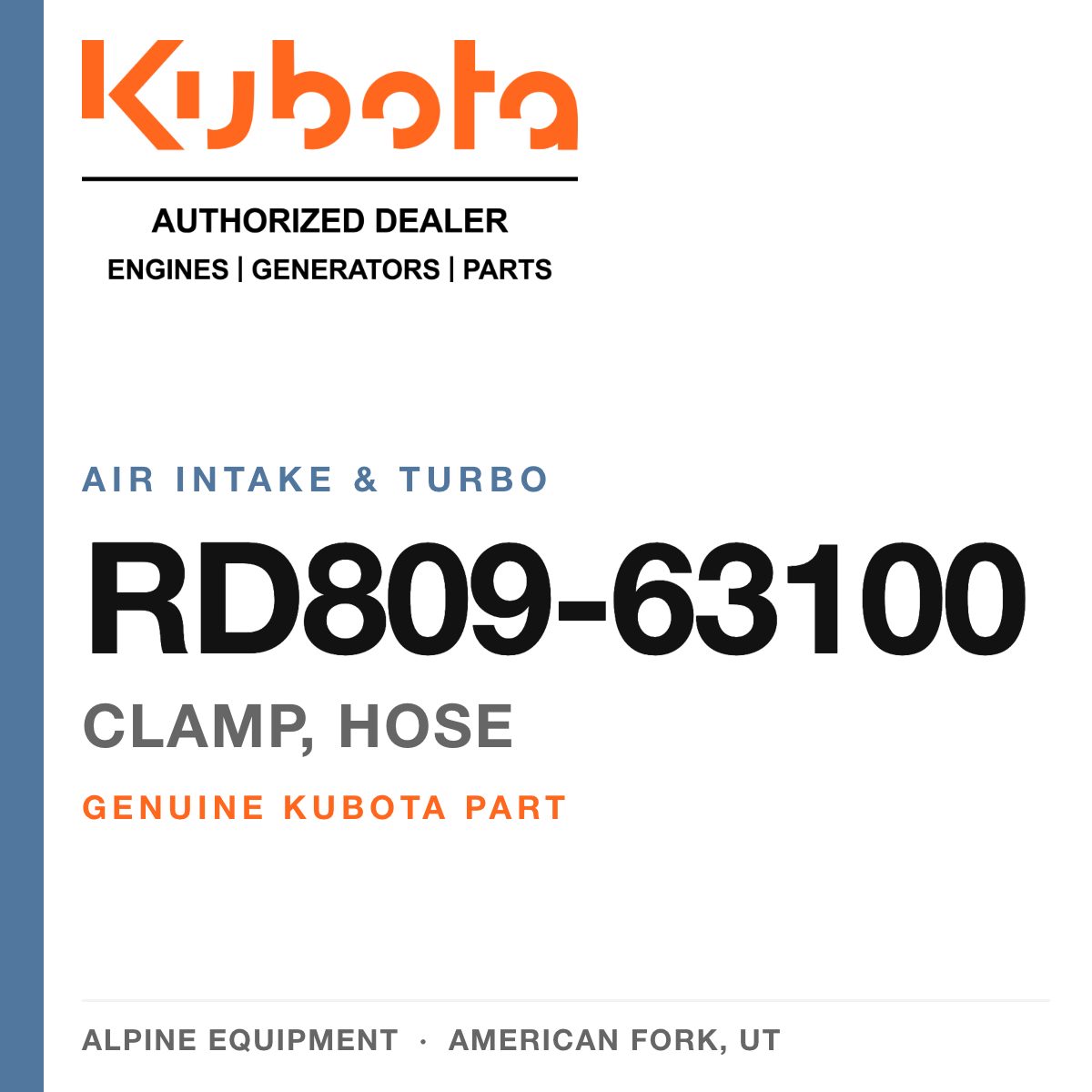 Genuine Kubota clamp, hose, part number RD809-63100 — Alpine Equipment