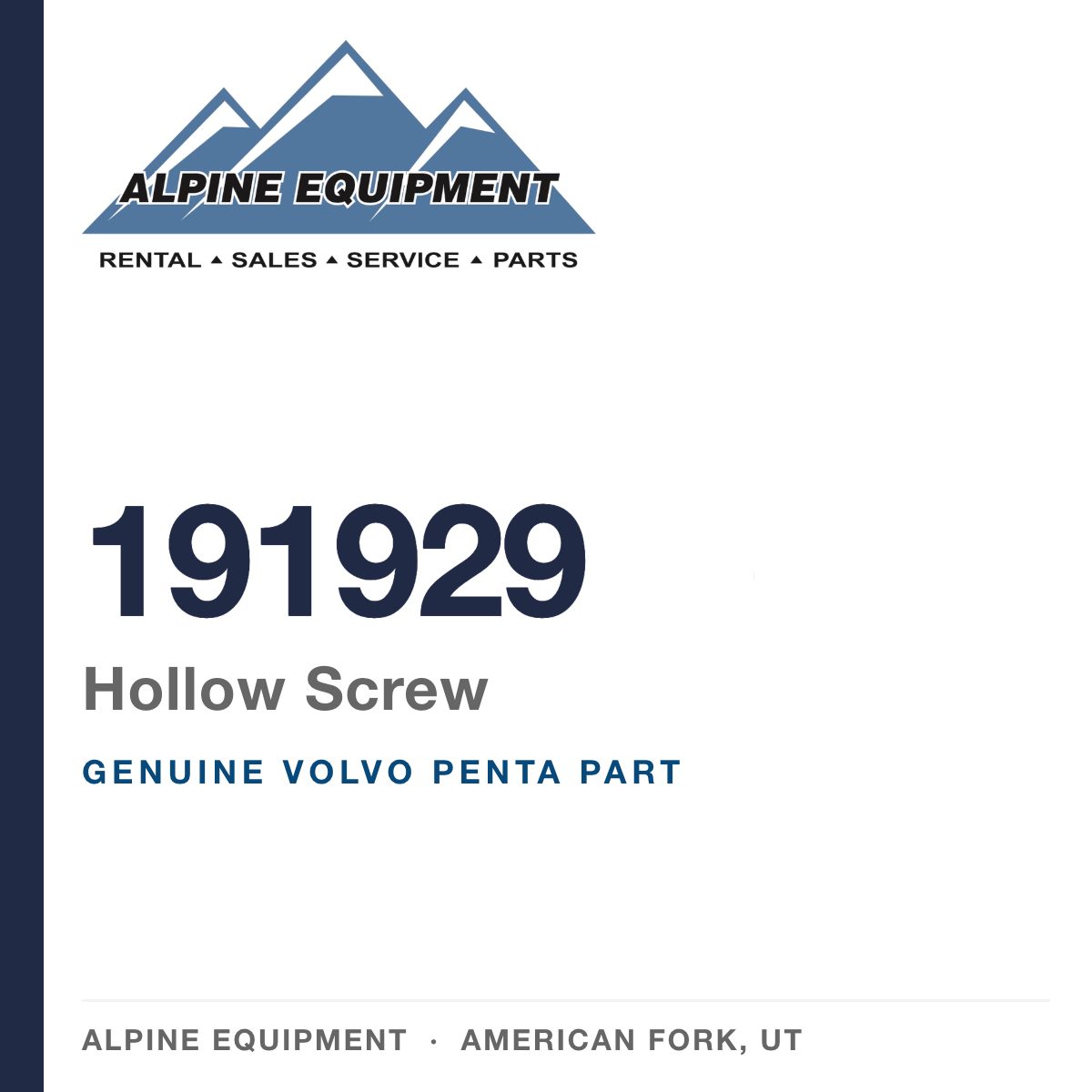 Volvo Penta 191929 Hollow Screw — genuine part from Alpine Equipment, American Fork UT