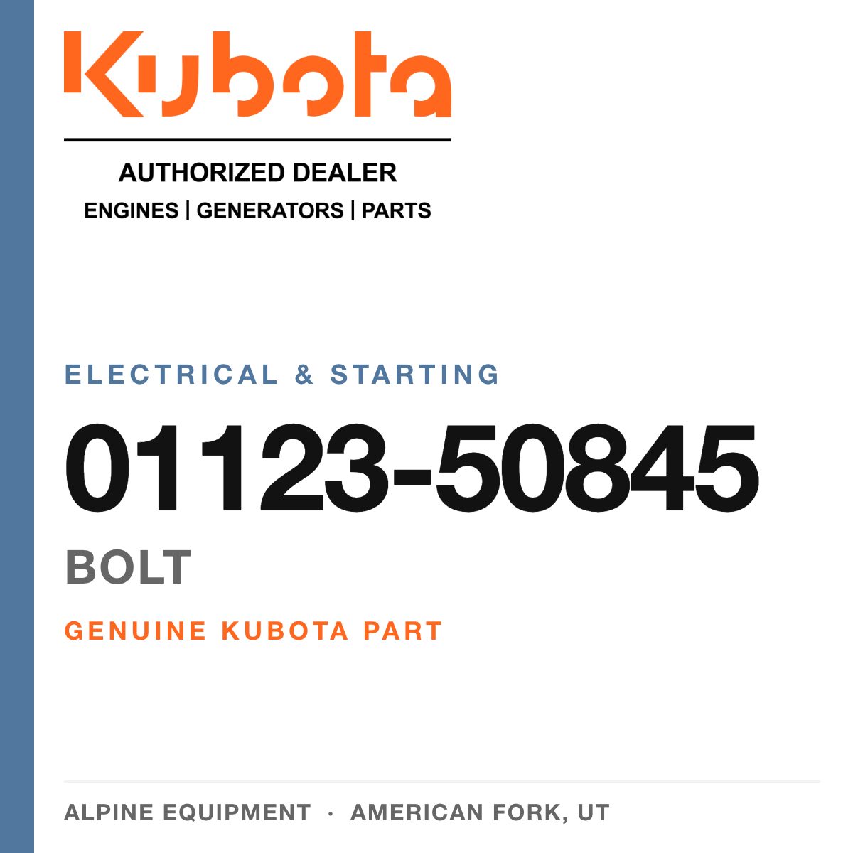 Genuine Kubota bolt, part number 01123-50845 — Alpine Equipment