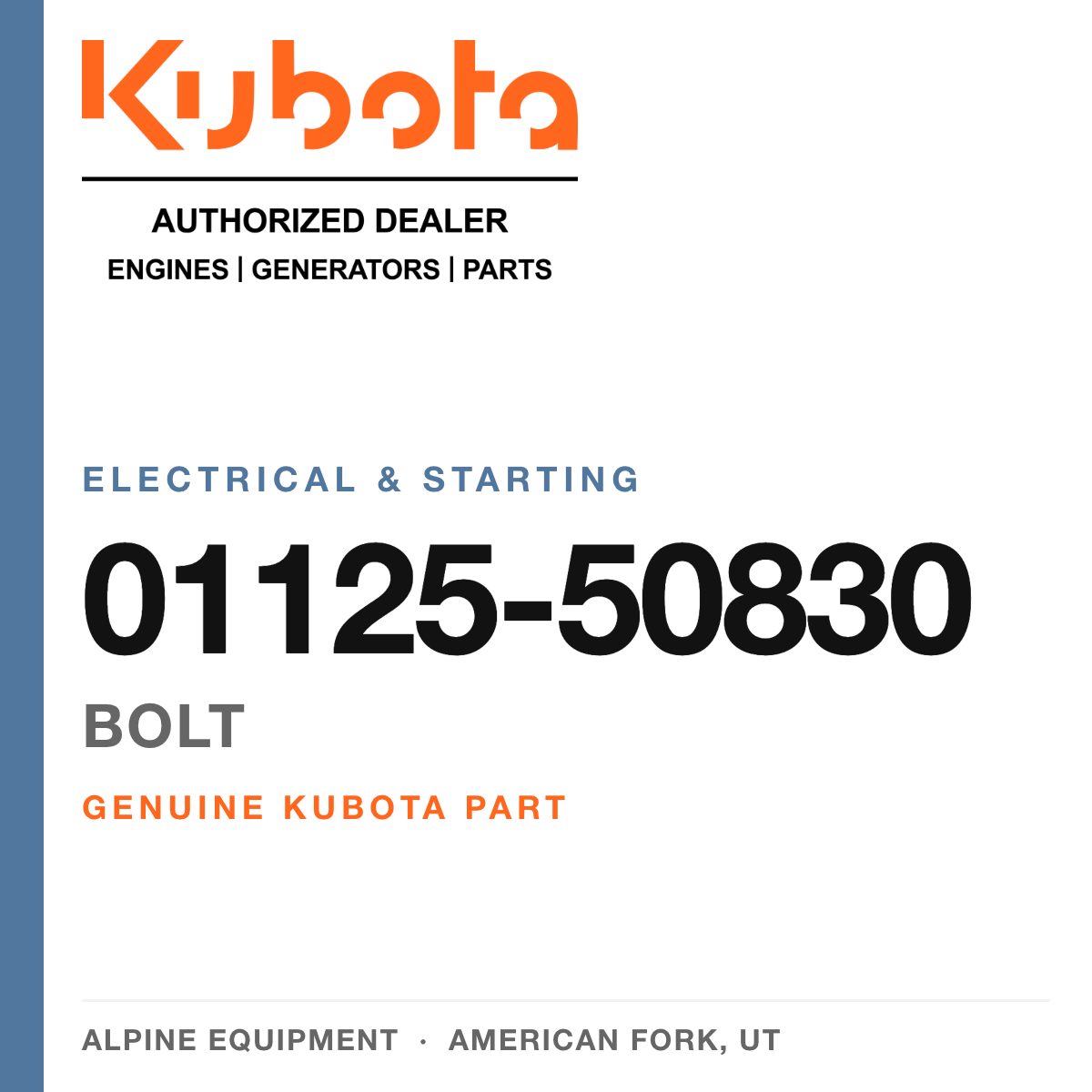 Genuine Kubota bolt, part number 01125-50830 — Alpine Equipment