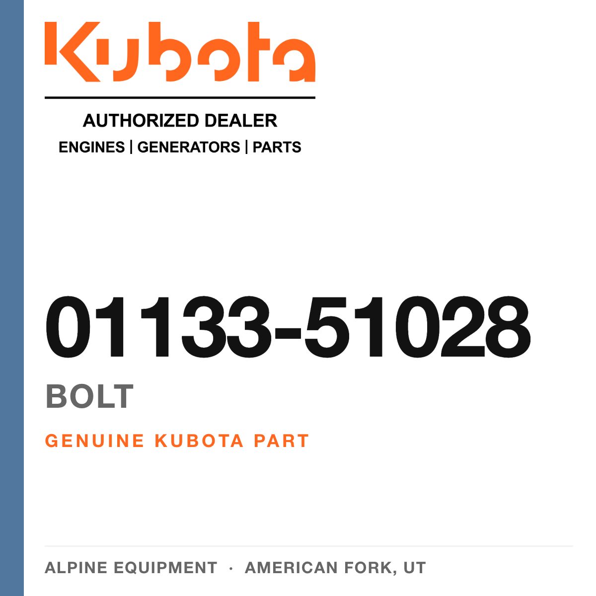 Genuine Kubota bolt, part number 01133-51028 — Alpine Equipment