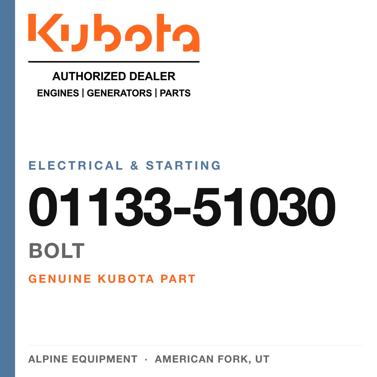 Genuine Kubota bolt, part number 01133-51030 — Alpine Equipment