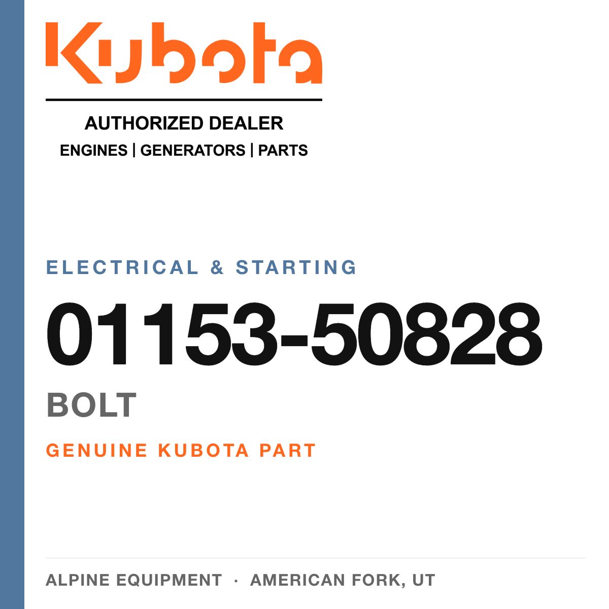 Genuine Kubota bolt, part number 01153-50828 — Alpine Equipment