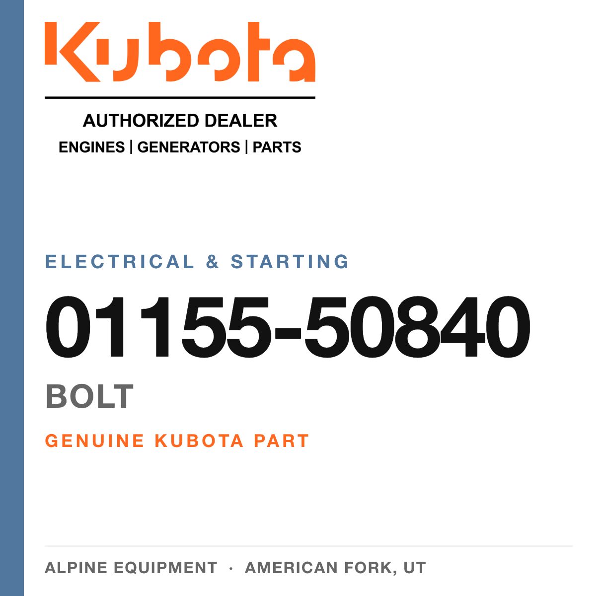 Genuine Kubota bolt, part number 01155-50840 — Alpine Equipment