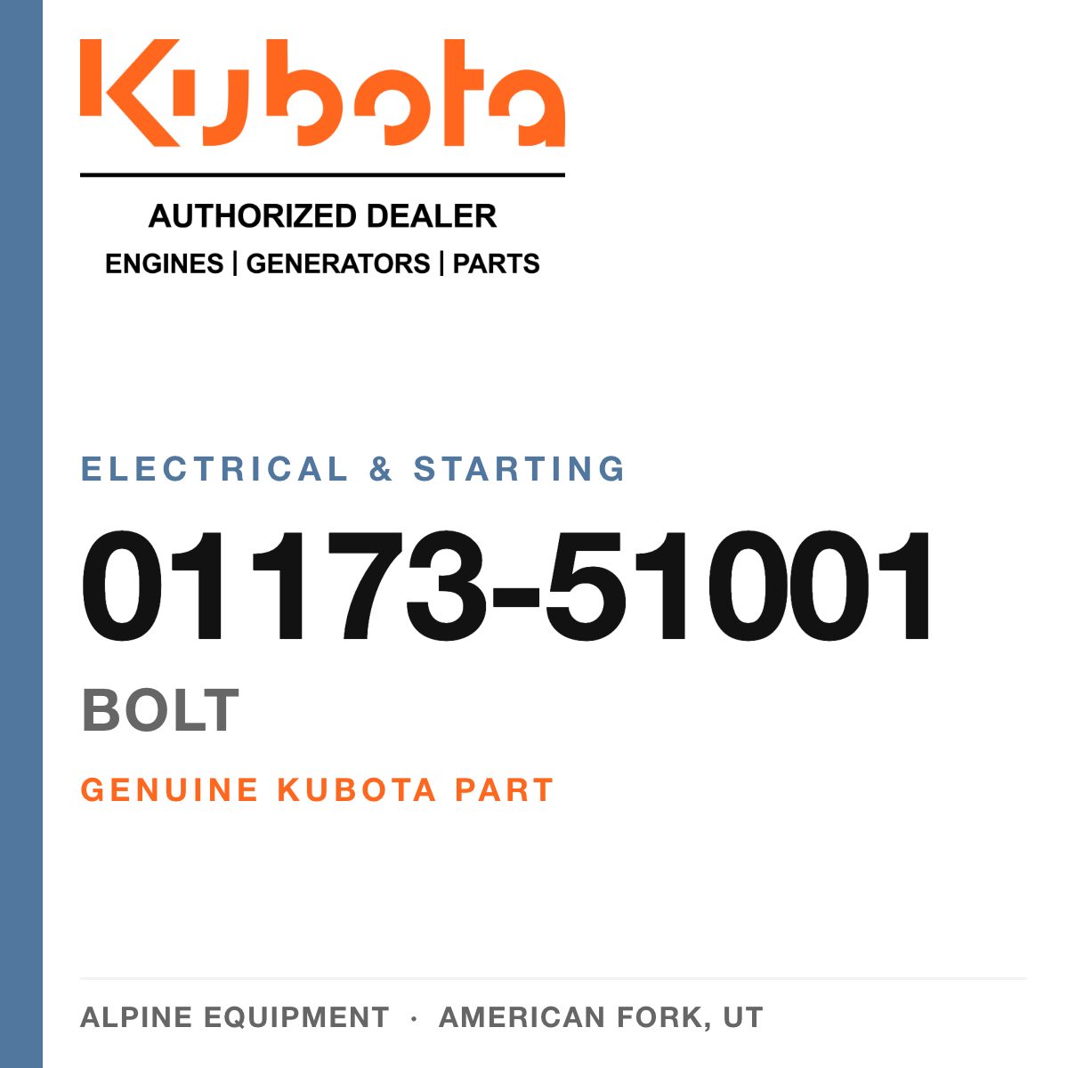 Genuine Kubota bolt, part number 01173-51001 — Alpine Equipment