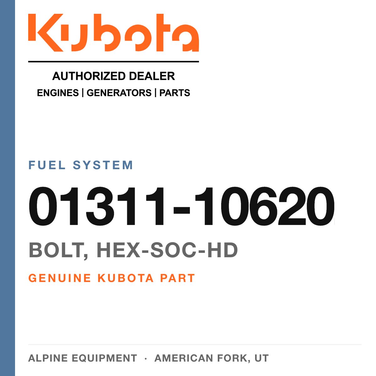 Genuine Kubota bolt, hex-soc-hd, part number 01311-10620 — Alpine Equipment