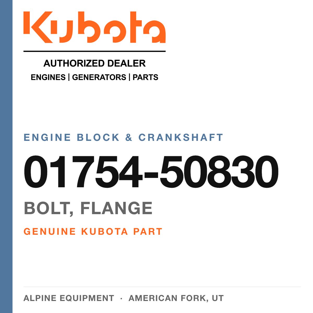 Genuine Kubota bolt, flange, part number 01754-50830 — Alpine Equipment