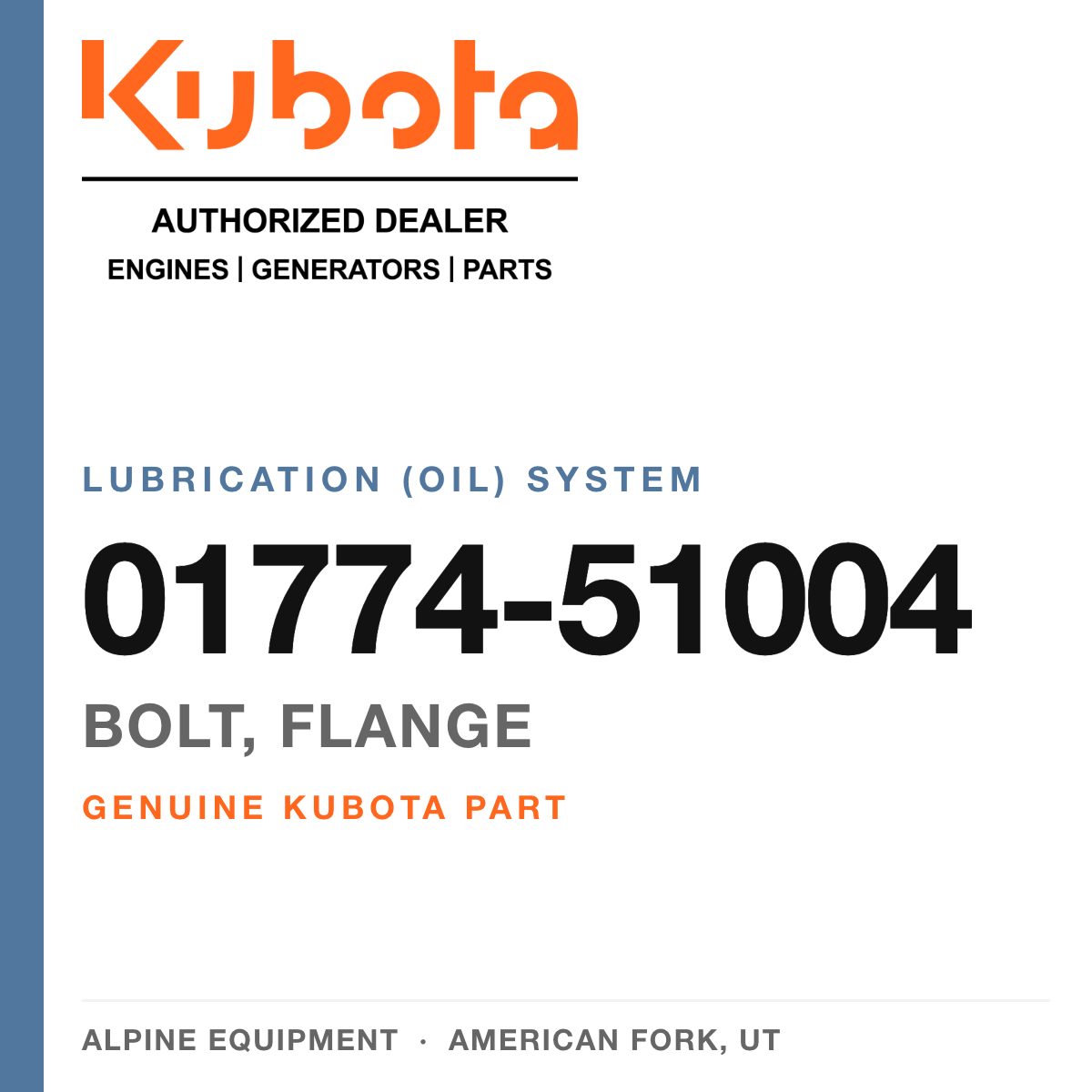 Genuine Kubota bolt, flange, part number 01774-51004 — Alpine Equipment