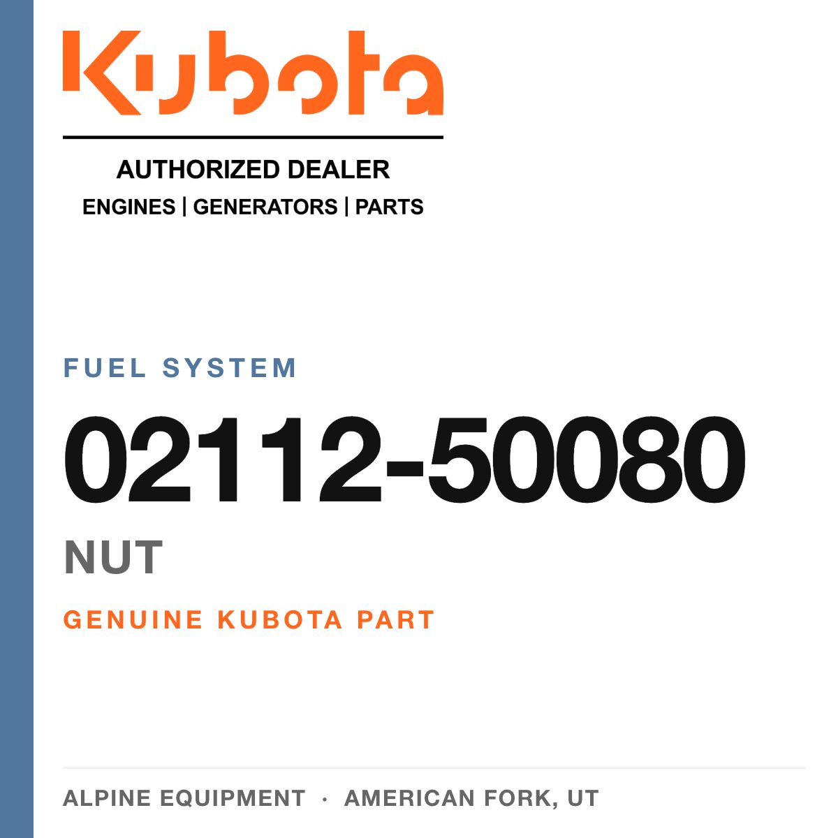 Genuine Kubota nut, part number 02112-50080 — Alpine Equipment