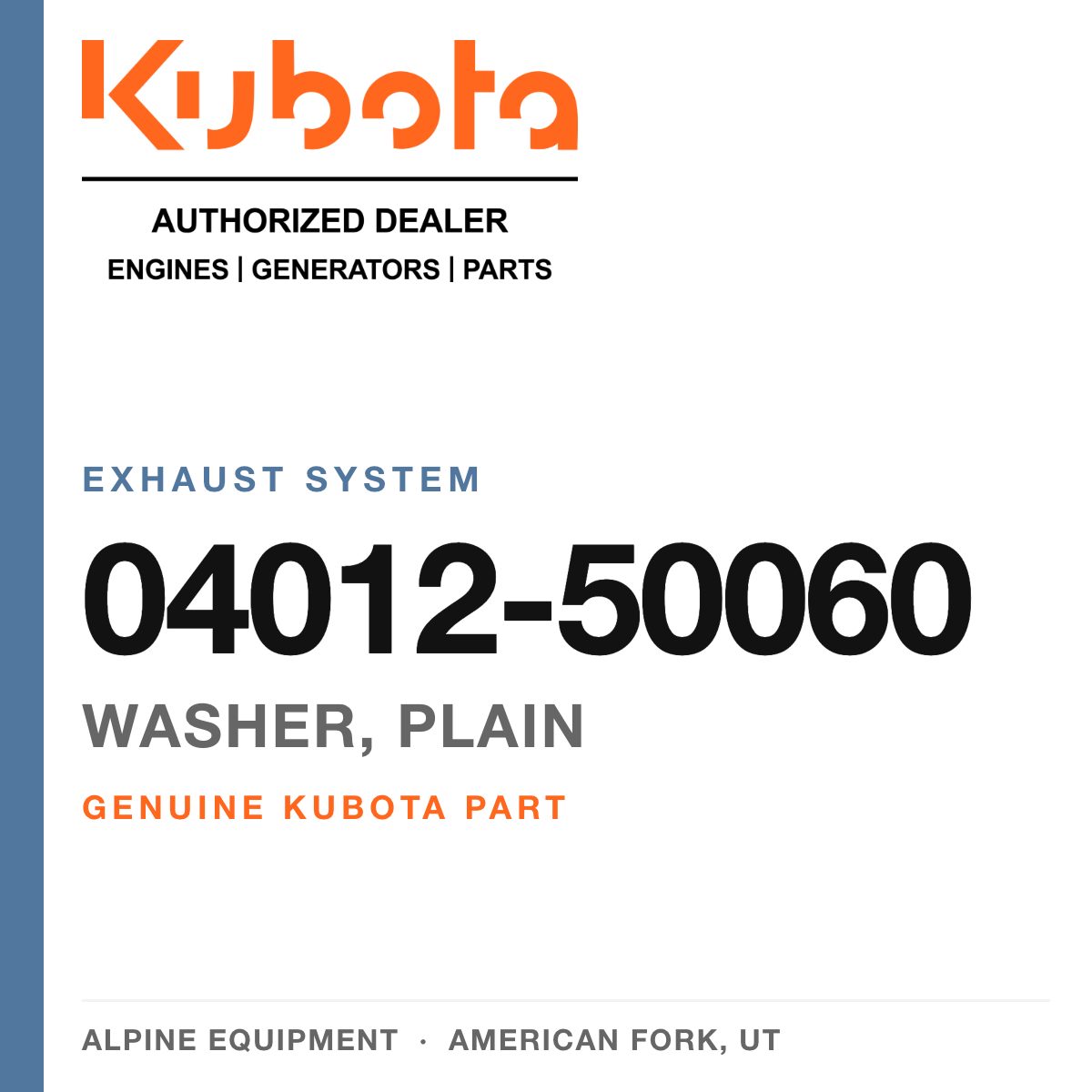 Genuine Kubota washer, plain, part number 04012-50060 — Alpine Equipment