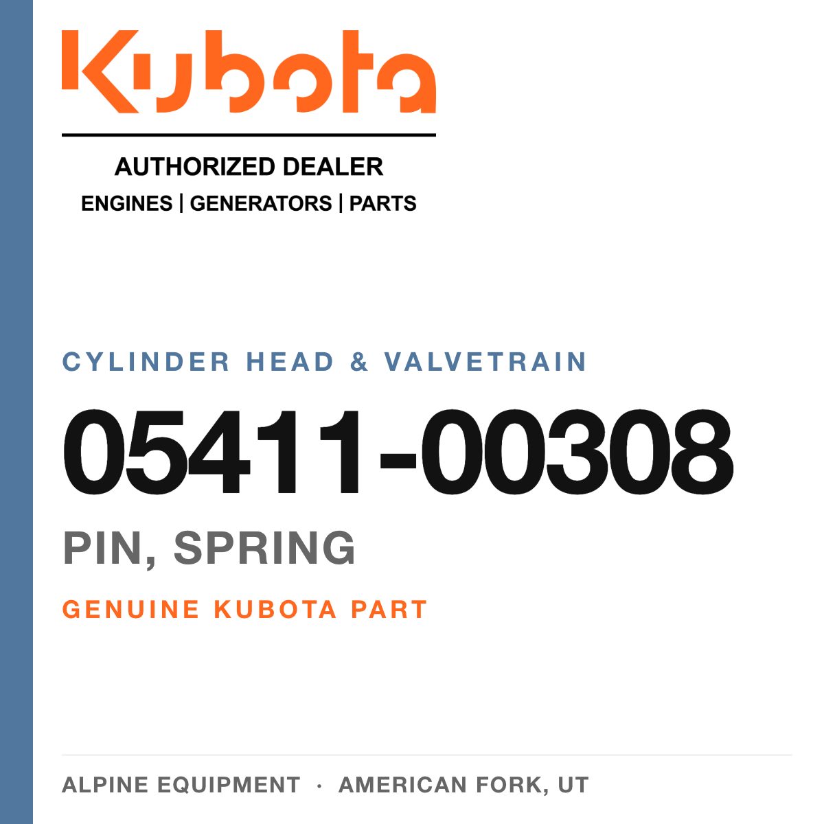 Genuine Kubota pin, spring, part number 05411-00308 — Alpine Equipment