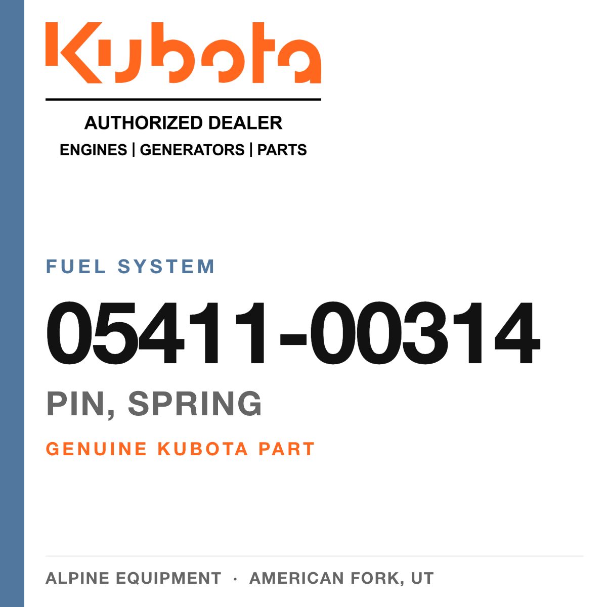 Genuine Kubota pin, spring, part number 05411-00314 — Alpine Equipment