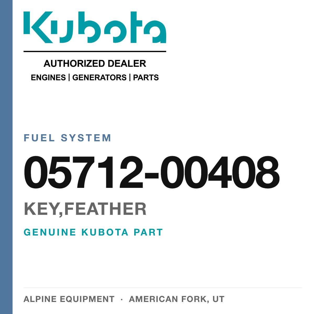 Genuine Kubota key,feather, part number 05712-00408 — Alpine Equipment