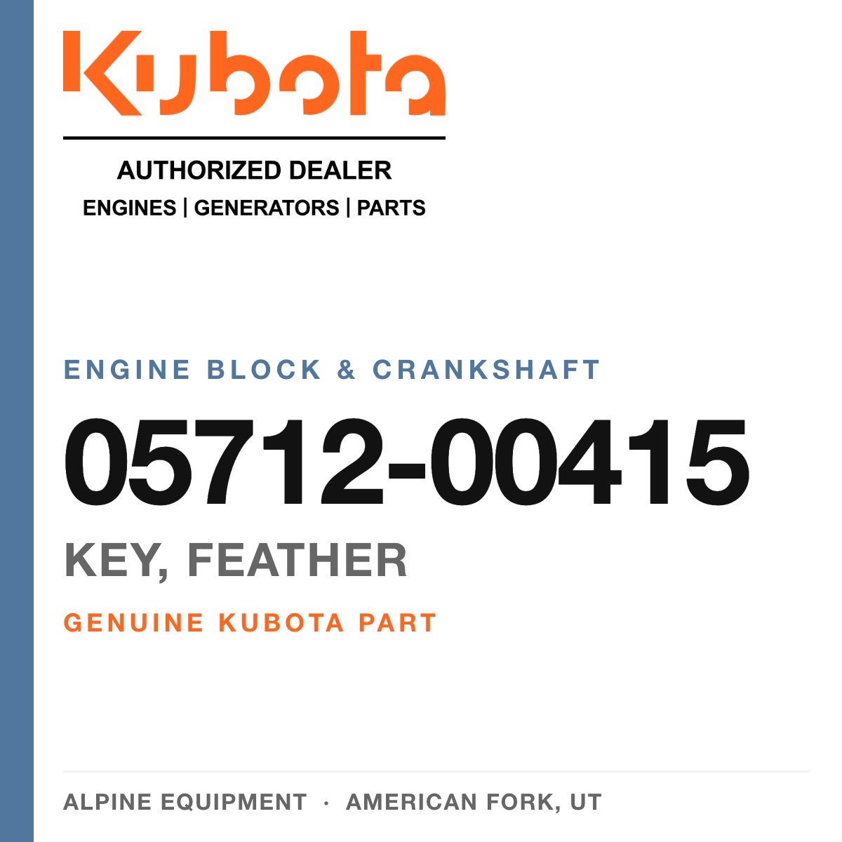 Genuine Kubota key, feather, part number 05712-00415 — Alpine Equipment