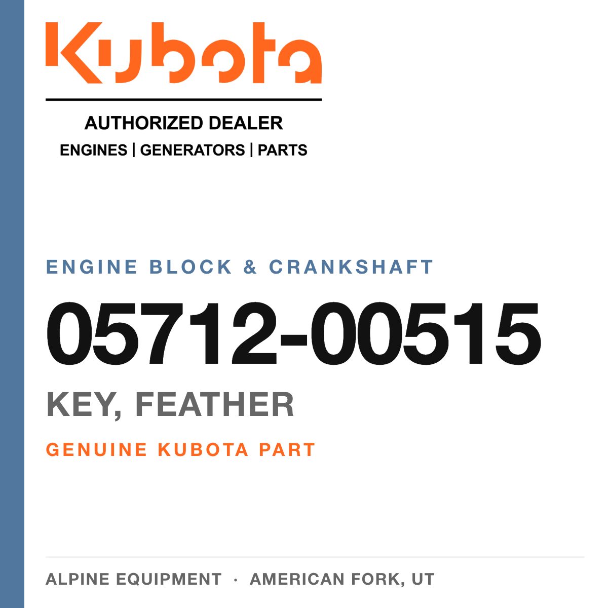 Genuine Kubota key, feather, part number 05712-00515 — Alpine Equipment