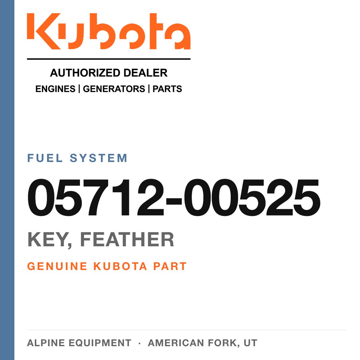 Genuine Kubota key, feather, part number 05712-00525 — Alpine Equipment