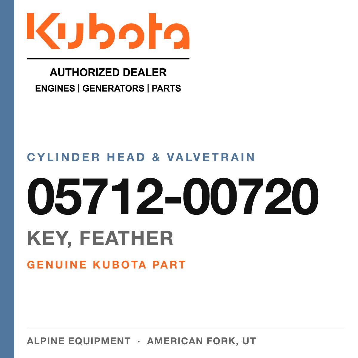 Genuine Kubota key, feather, part number 05712-00720 — Alpine Equipment