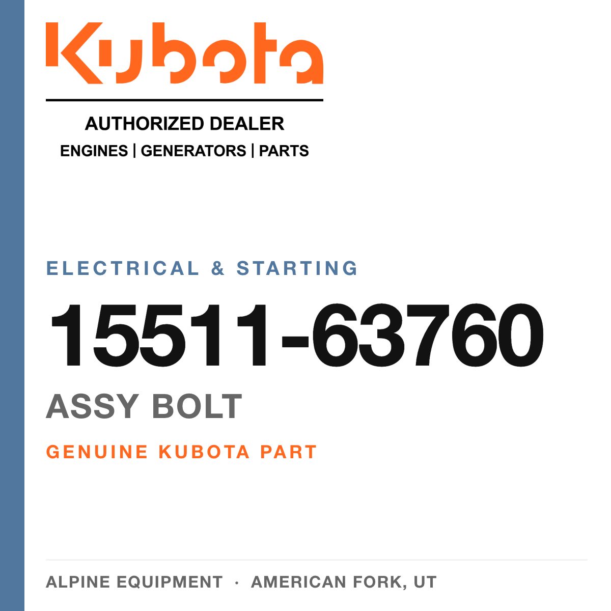 Genuine Kubota assy bolt, part number 15511-63760 — Alpine Equipment