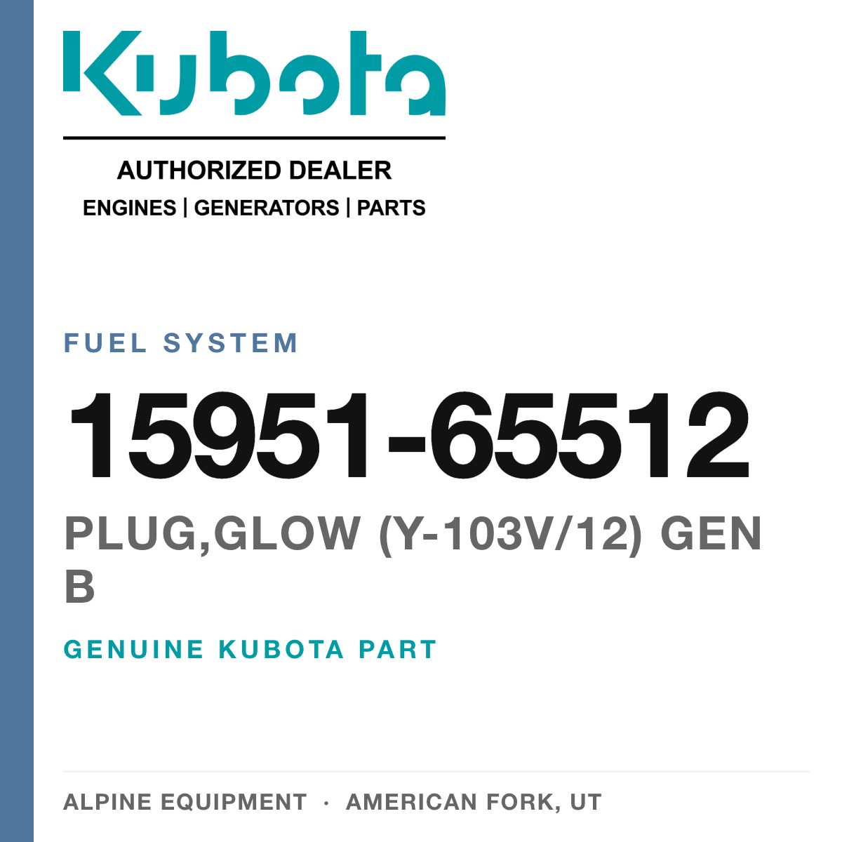 Genuine Kubota plug,glow (Y-103V/12) gen b, part number 15951-65512 — Alpine Equipment