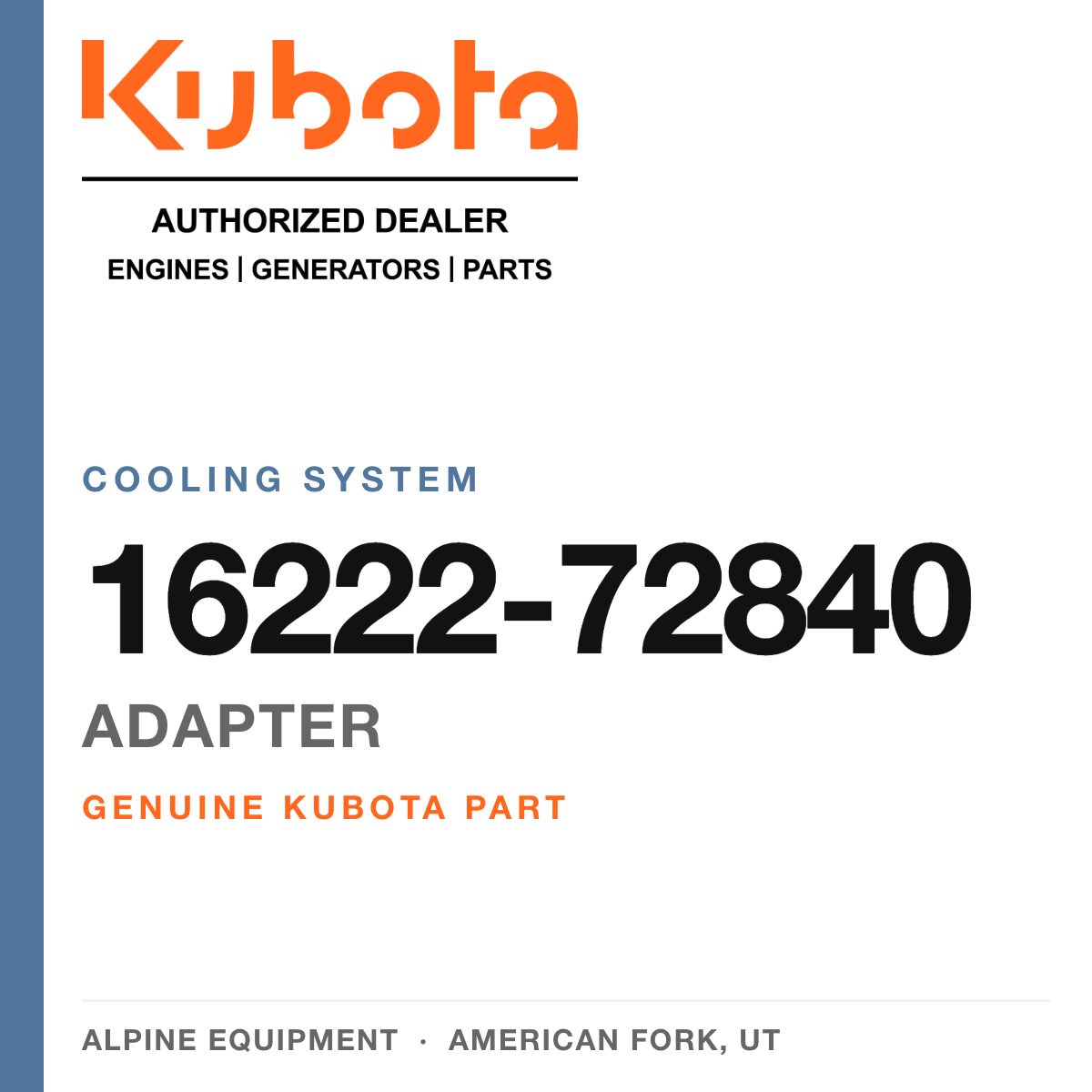 Genuine Kubota adapter, part number 16222-72840 — Alpine Equipment